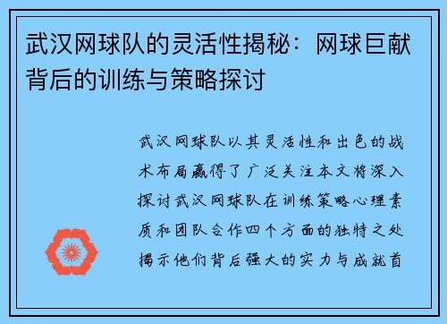 武汉网球队的灵活性揭秘：网球巨献背后的训练与策略探讨
